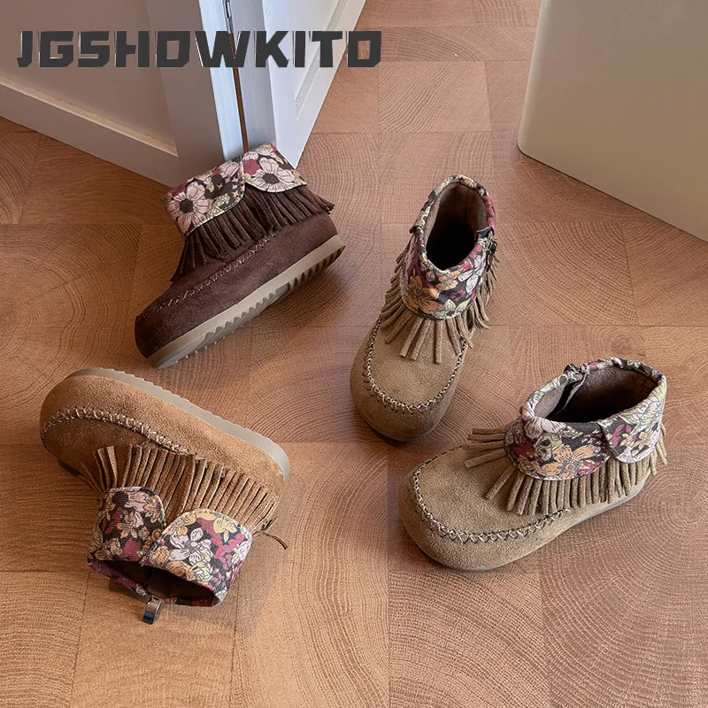 JGSHOWKITO Winter Girl's Ankle Boots Vintage Tassel Children Fashion Plush Boots Warm Outdoor Non-slip Kids Causal Cotton Boots
