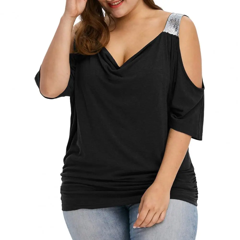 Plus Size Fashion Cold Shoulder T-Shirt Shirt V-Neck Top Tee Summer Casual Ladies Tops Female Women Short Sleeve Pullover