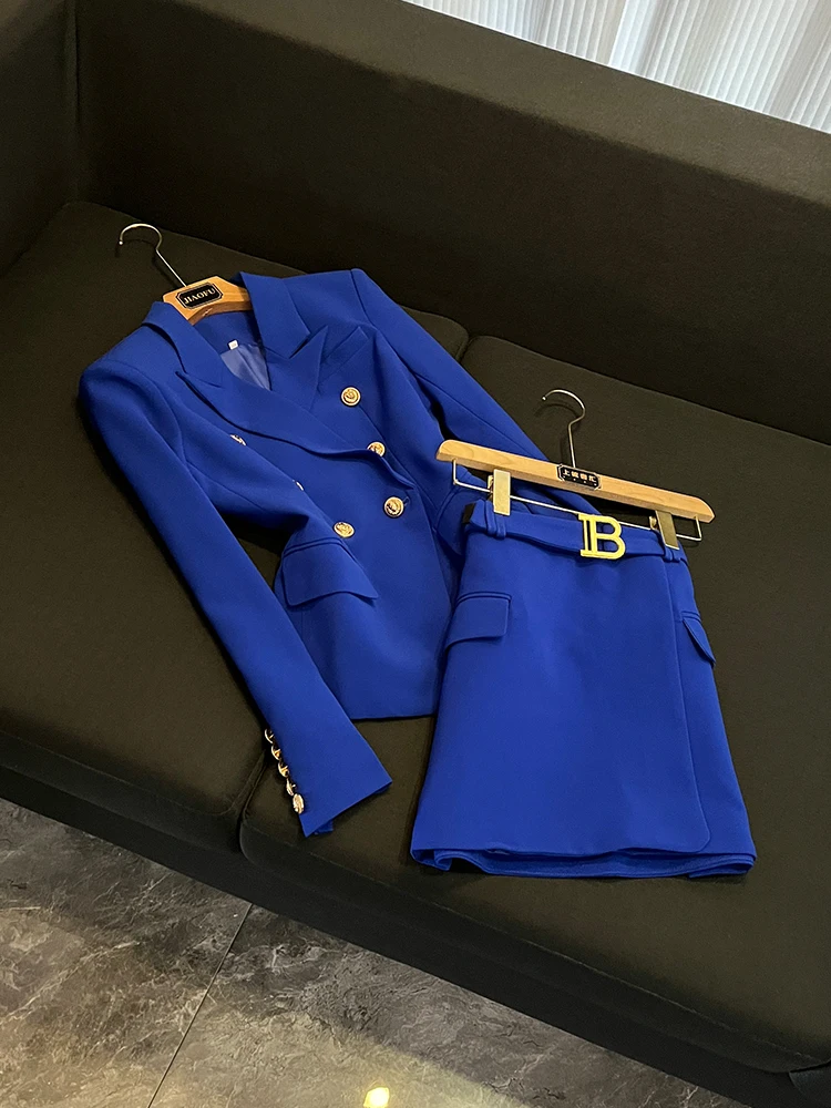 

Ele Deep Blue Suit Jaet with B Button Commute OL Skirt Two Piece Set for Women Autumn Faion Workwear Chinese Sle