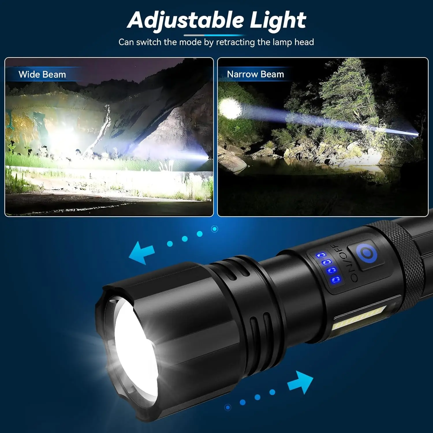 Super Bright Rechargeable Flashlight Adjustable Powerful Flash Light with 7 Modes & COB Light, Waterproof Handheld Flashlight
