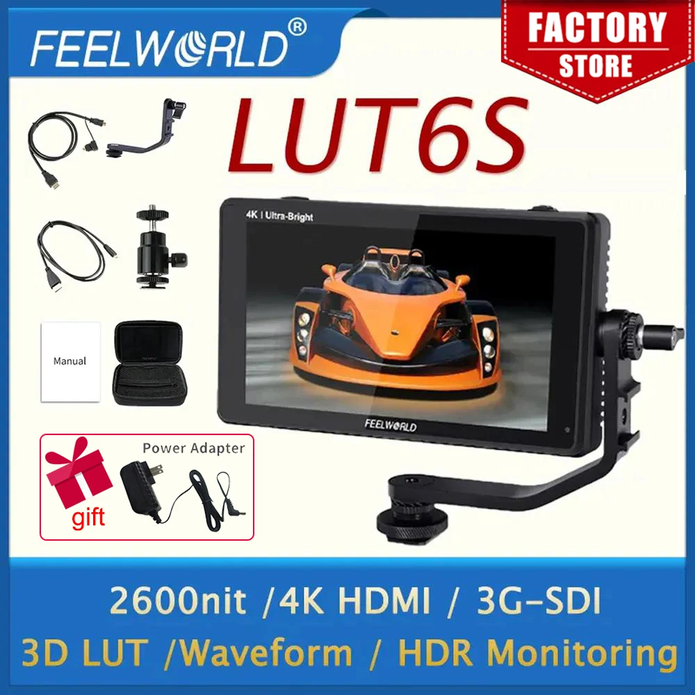 FEELWORLD LUT6S 6 Inch 2600nits HDR/3D LUT Touch Screen DSLR Camera Field MonitorPortable Monitor 3G-SDI 4K HDMI Input Output