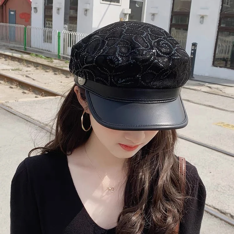 Fashion Real Leather Sheepskin Print Rider Style Fashion Army Flat Top Cap Women Men's Baseball Hats