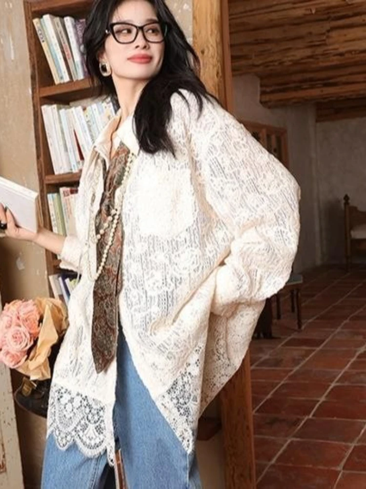 

Fashion Elegant Blouses Solid Color Long Sleeve Lace Hook Flower Hollow Shirts Loose Tops Chinese Style Design Women's Clothing