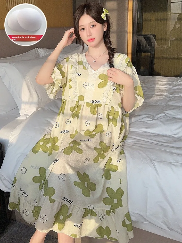 

plus Size Spwear Women's Cotton Nightgown with Chest Pad ort Sve Princ Sle Home Clothes for Summer Comfortable