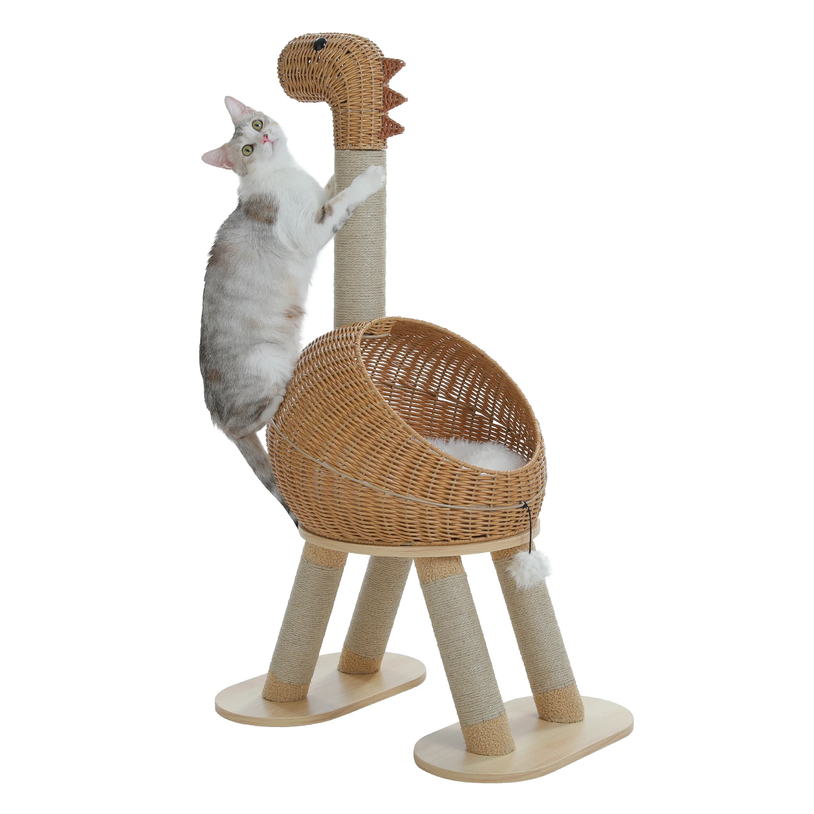 Dinosaurier-Kratzbaum-Turm mit Sisal-Kratzbaum, großer Rattan-Katzenschnitt für den Innenbereich, Korb-Katzenbett mit abnehmbarer Matte, Katzenspielzeug