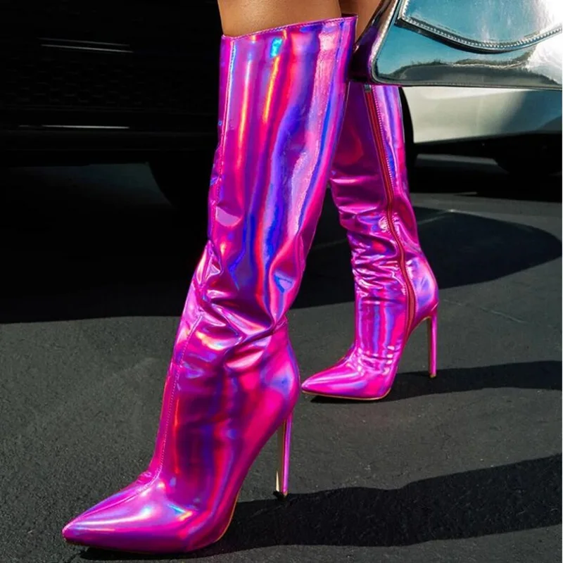 

Pink Blue Hologram Iridescent Leather Knee High Boots Wide Calf Thin Heels Pointed Toe Fluorescent Women Fashion Boots