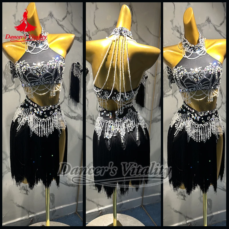 성인용 AB 스톤 민소매 하이넥 탑+프린지 스커트 세트 맞춤형 댄서의 활력 여성 차차 살사 공연 의상