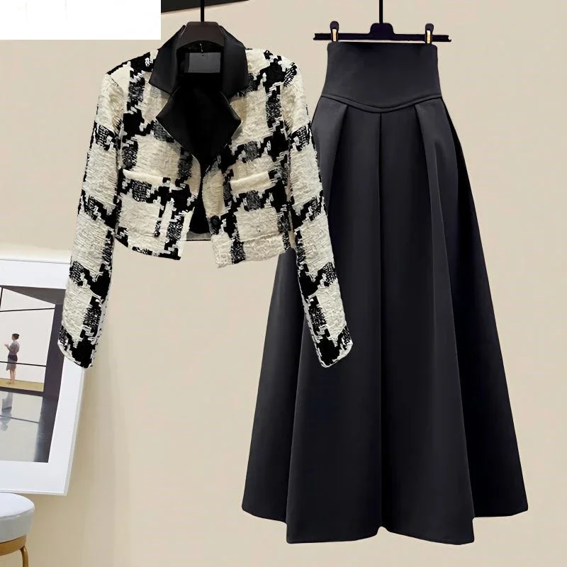 

Spring and Autumn Set Women's 2024 New Korean Edition High End Plaid Suit Top Slim Versatile Half Skirt Two Piece N285