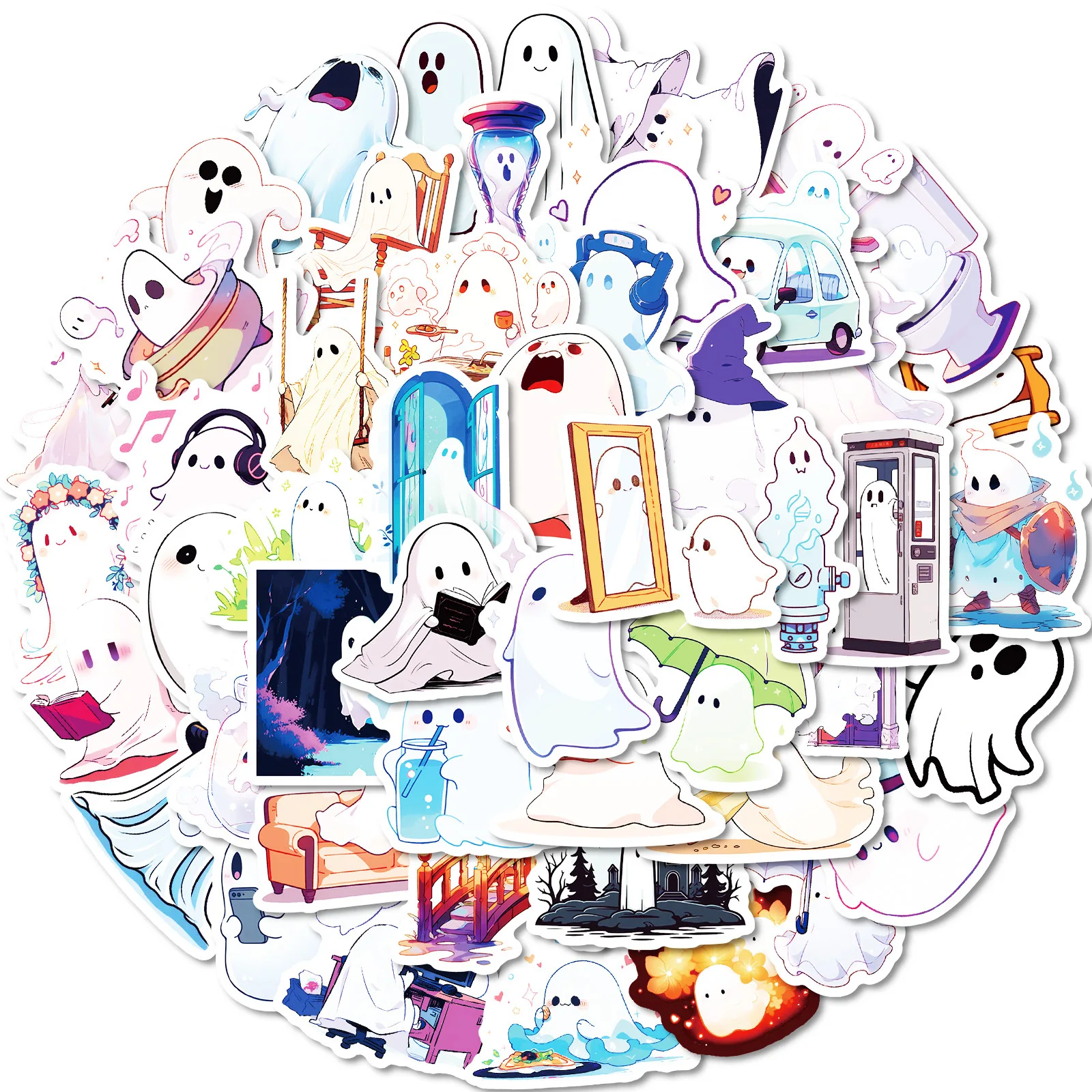 

10/50PCS White Little Ghost Graffiti Stickers Cute Q Version Ghost Cartoon Decal DIY Luggage Phone Guitar Fridge Classic Kid Toy