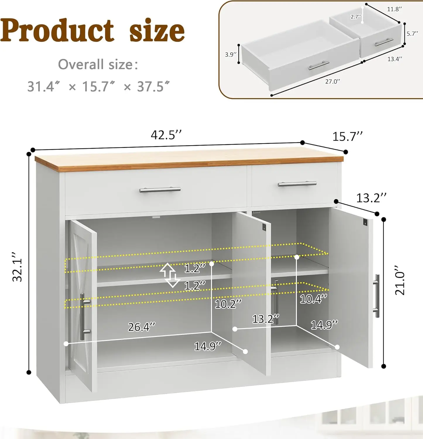 خزانة بوفيه جانبية مقاس 43 بوصة قابلة للتخصيص مع مساحة تخزين، وبار قهوة المزرعة مع أدراج ورفوف