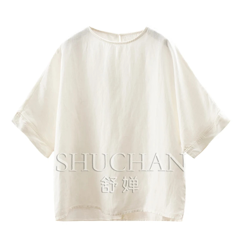 

Simple and easy to wear method High quality lyocell linen loose round neck seven-quarter sleeve shirt new women's 45C1