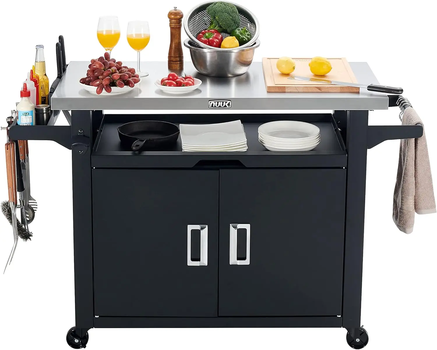 

Pro 42-Inch Rolling Outdoor Kitchen Island and BBQ Serving Cart, with Heavy Duty Wooden Cutting Board and Propane Tank Holder