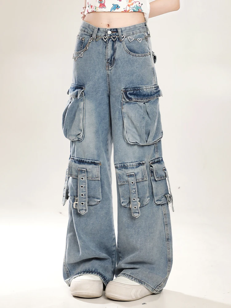 American Vibe Women's Cargo Jeans High Waist Loose Wide Leg Long Trousers Summer Design Multi-Pocket Trendy Thick Denim