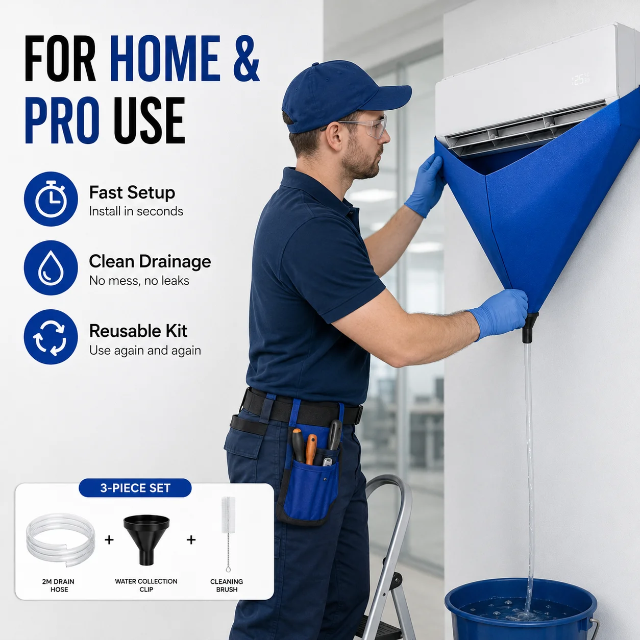 Kit de nettoyage complet pour climatiseur 3 pièces : housse anti-fuite avec tuyau de drainage, brosse, kit de lavage sans éclaboussures, outils de nettoyage en profondeur efficaces pour la maison