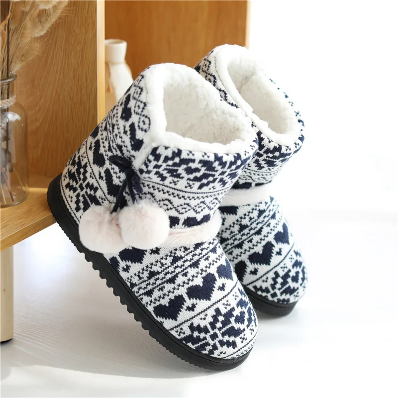 Comemore Winter Furry Home Slippers High Top Women Warm Cotton Flat Indoor Floor Shoes 2022 Female Knitting Plush Slip on Boots