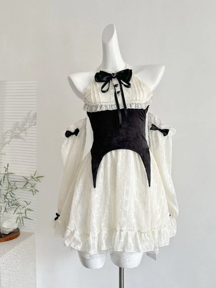 

Летнее женское платье феи с лямкой на шее Y2k, эстетическое контрастное цветное лоскутное платье с милым бантом, уличная одежда, мини-платья в стиле гранж