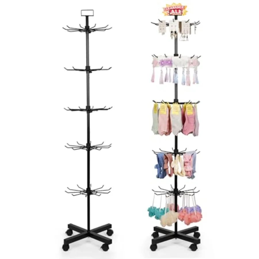 5-Tier Metal Spinning Display Stand Rack with Wheels Iron 50 Hooks Lockable Wheels Ideal for Jewelry Accessories Foods