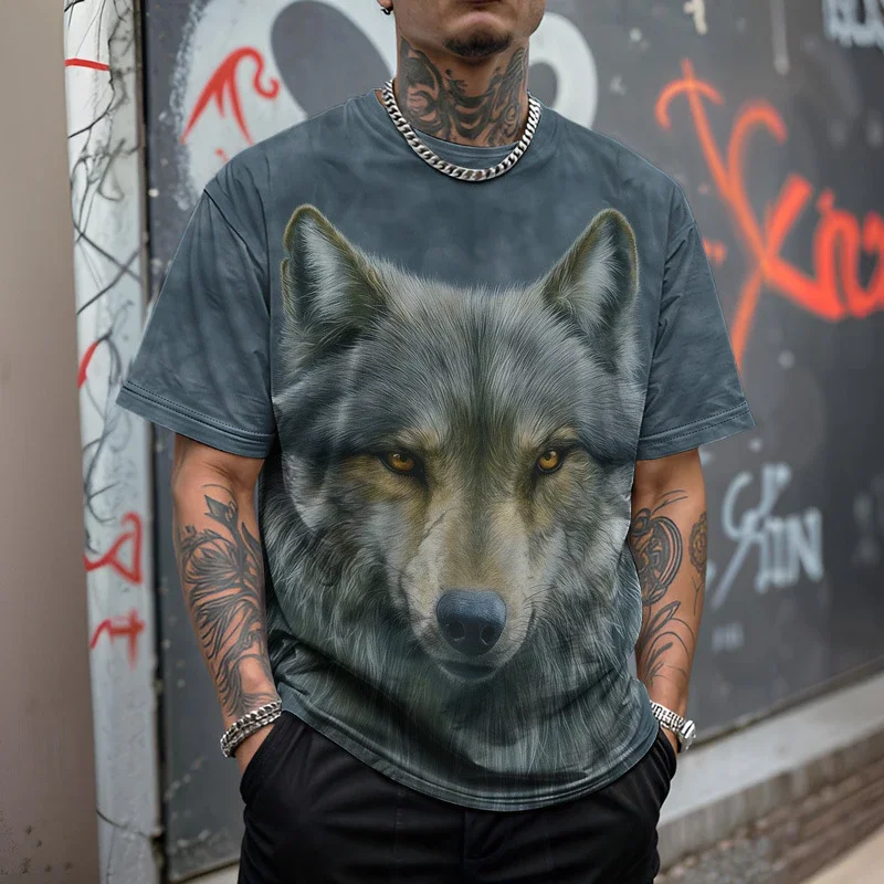 Men's 3D Wolf Head Print T Shirt Realistic Gray Wildlife Graphic Tee Nature Inspired Casual Streetwear Tops