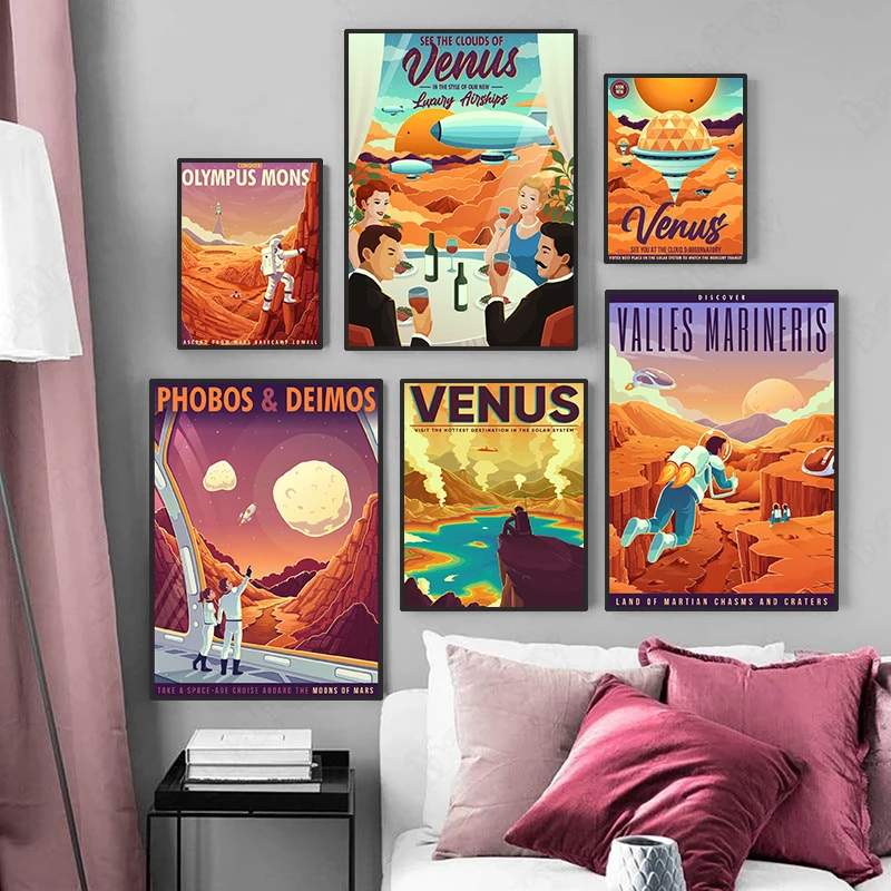 

Space Travel Art Canvas Painting Universal Planet Mars Vintage Poster and Prints Wall Pictures for Living Room Home Decor Cuadro