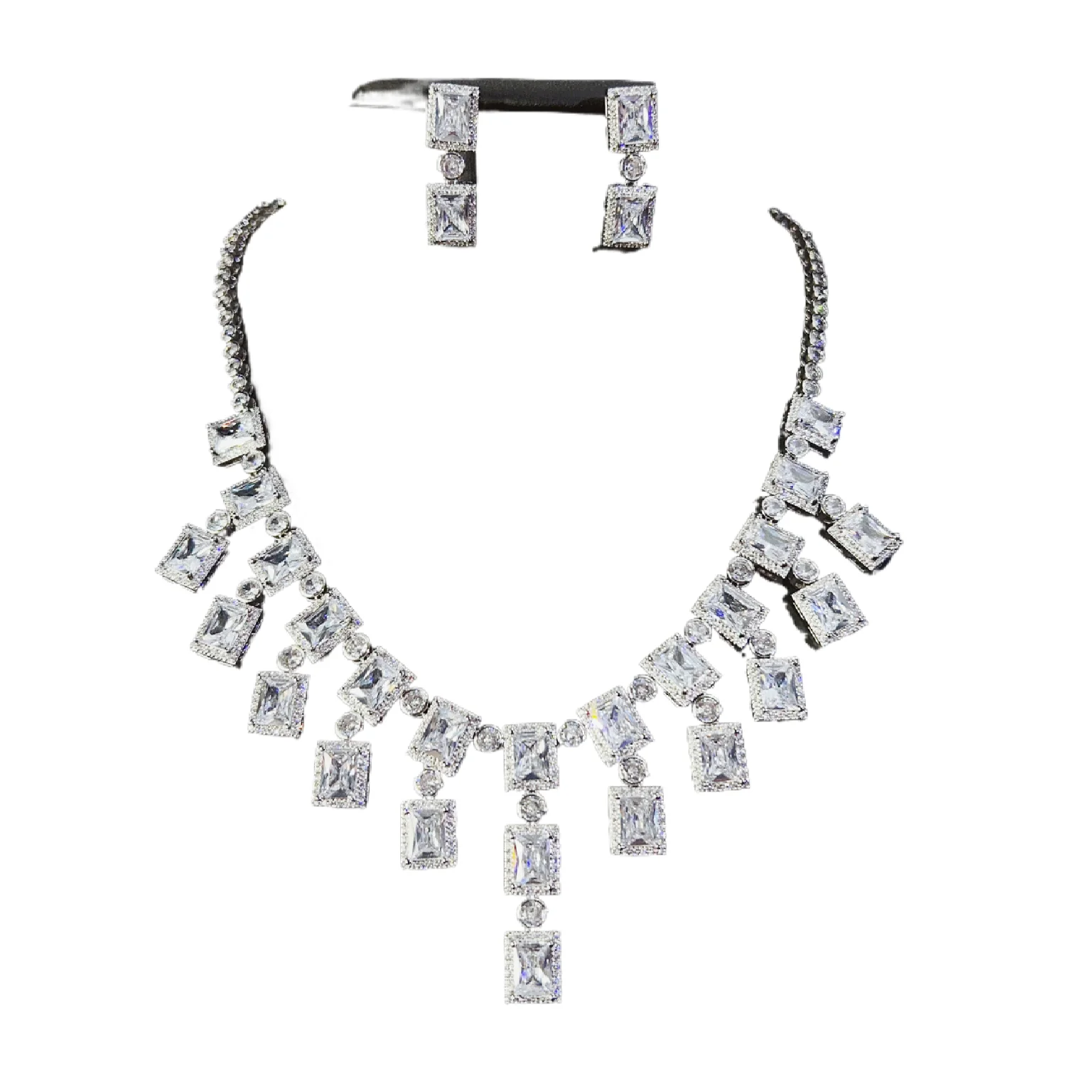 فاخر أنيق مربع الزركون مطعمة الأحجار الكريمة شرابة قلادة القرط الزفاف اكسسوارات الزفاف فستان مأدبة مجوهرات