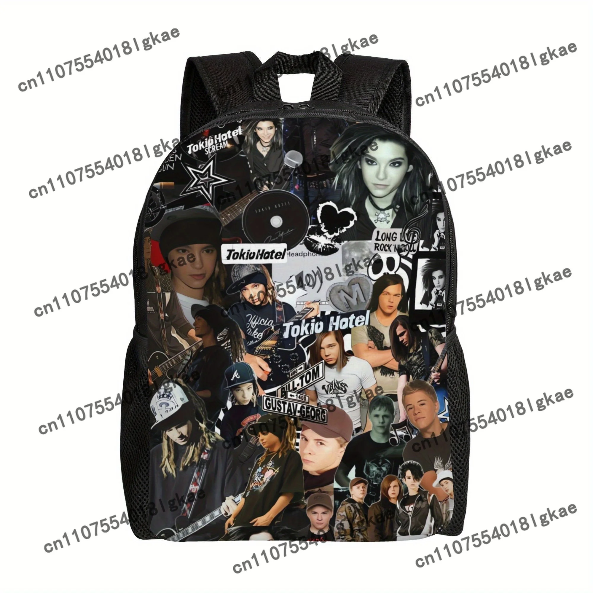 Tokio Hotel Graphic Backpack - Black, Single Layer, Fashionable Design with Band Members & Music-Themed Elements, Perfect for Co
