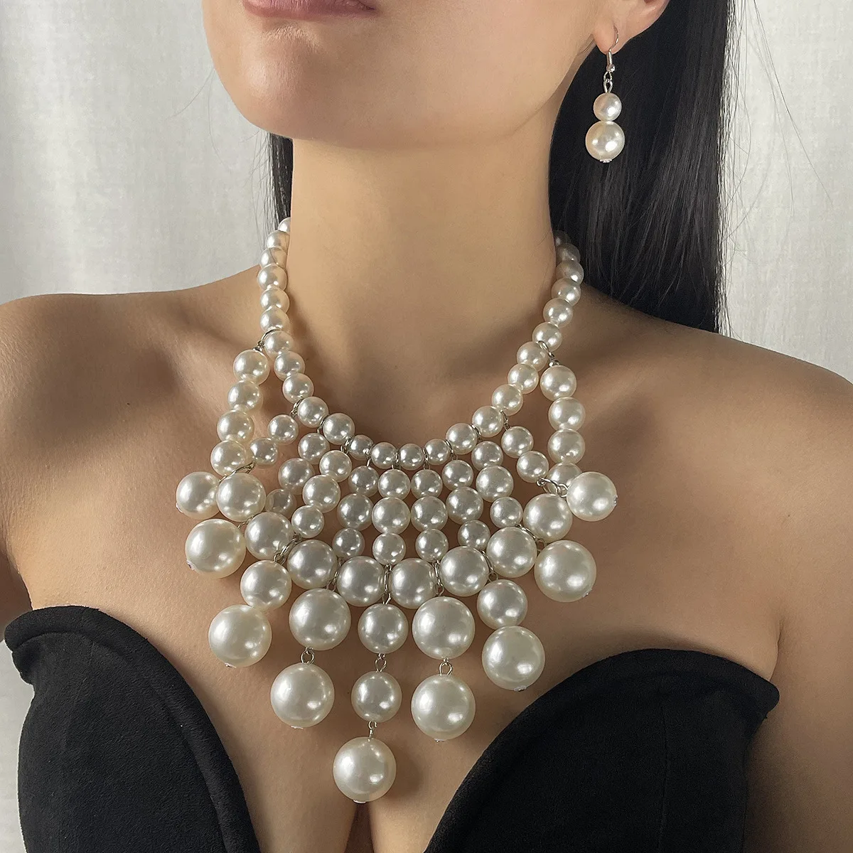 

N12477 Vintage Luxury Pearl Jewelry Set, Exaggerated Geometric Multi-Layer Fringed Earrings Necklace