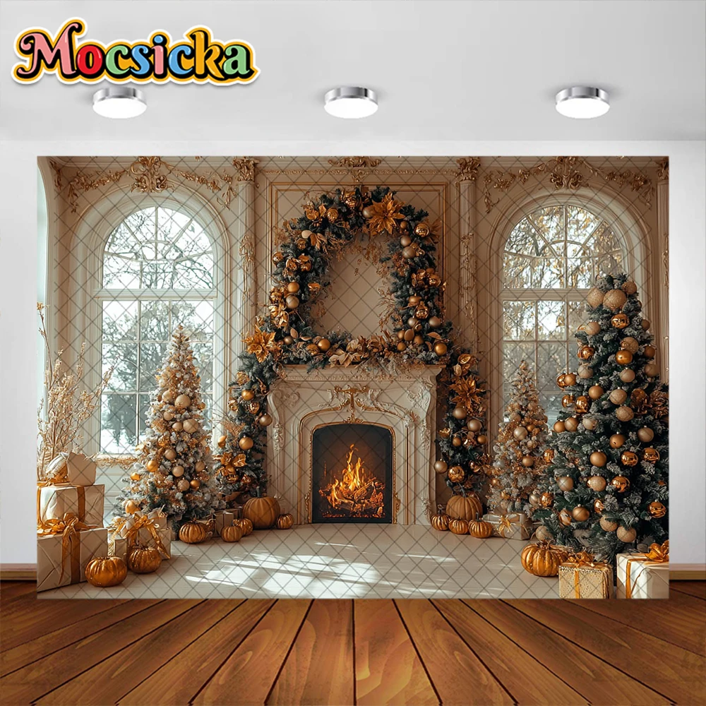 Зимний Рождественский фон для фотосъемки Рождественская елка Камин Украшение окна Праздничная вечеринка Портрет Фотостудия Реквизит Баннер