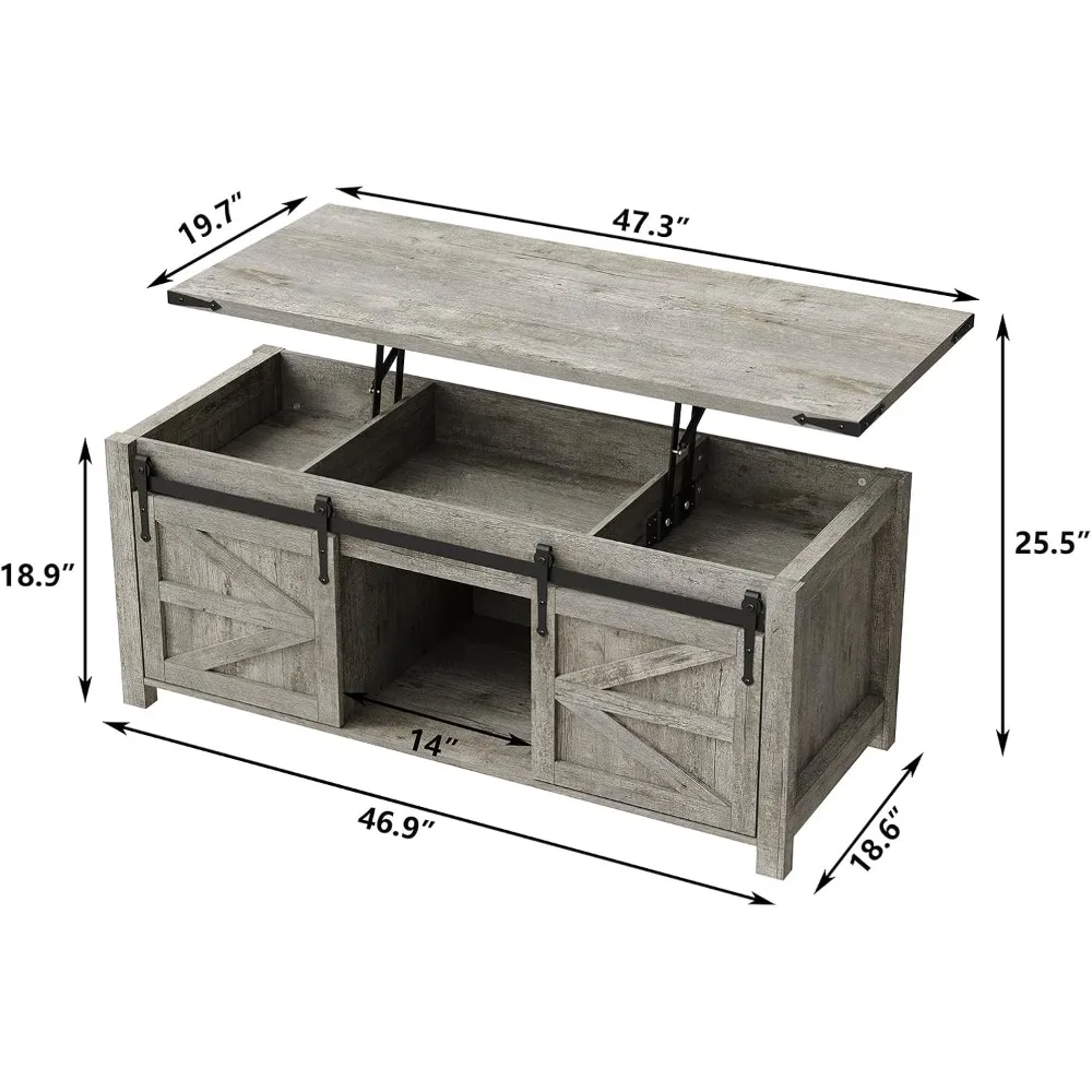 Mesa de centro elevatória, mesa de centro de fazenda de 47,3 '' com grande compartimento de armazenamento oculto e portas deslizantes de celeiro, madeira moderna rec