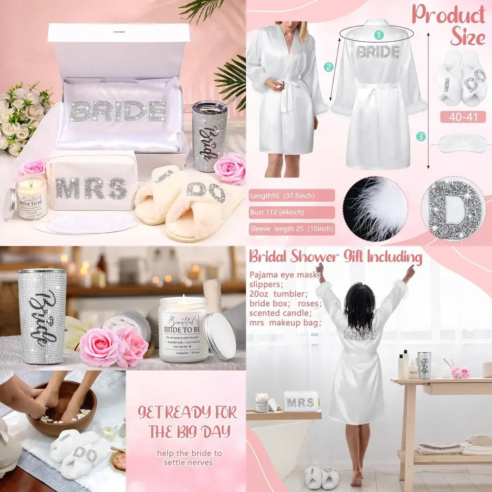 

Elegant 9-Piece Crystal Bridal Shower Gift Set: Tumbler, Slippers, Robe, Makeup Bag, Candle, Blindfold, 2 Roses for Bachelorette