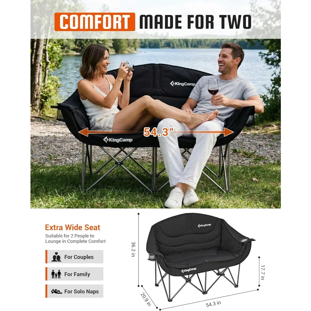 Double Camping Chair, Oversized Heavy Duty 660lbs Capacity, Portable Folding XL Couch Padded for Outdoor Lawn Backyard