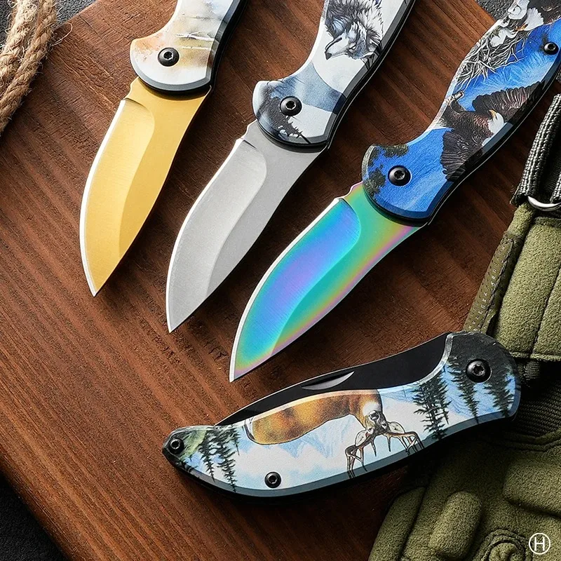 1pc/4pcs Patterned Handle Stainless Steel Folding Knife Outdoor Portable Fruit Knife Mini Survival Knife Camping KR9195