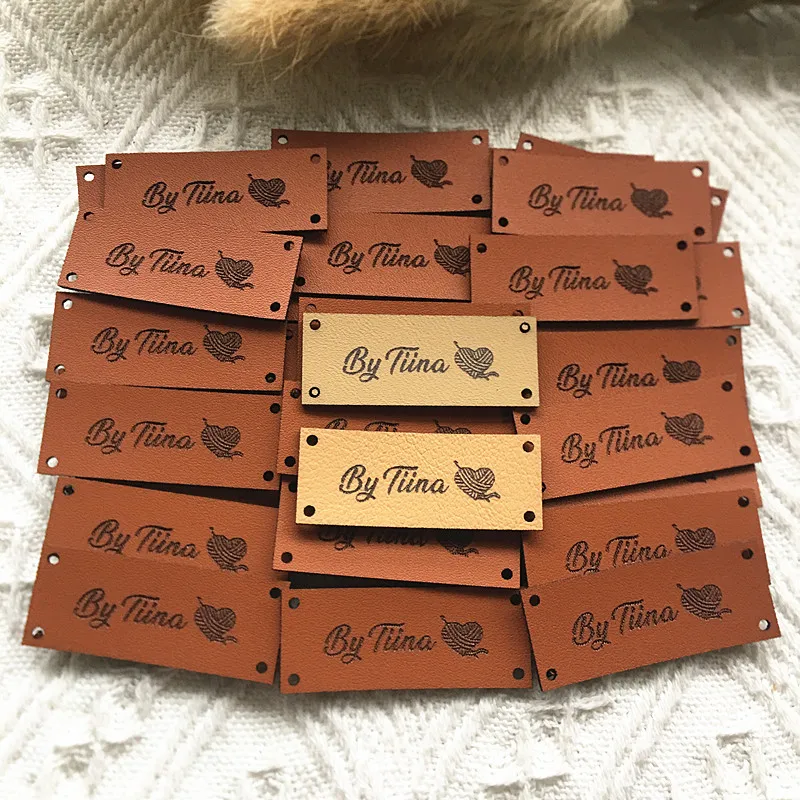 30pcs Personalized Sewing Labels for Crochet Customize Leather Knitting Tags with Logo Rectangle Handmade Clothing Crafts Label