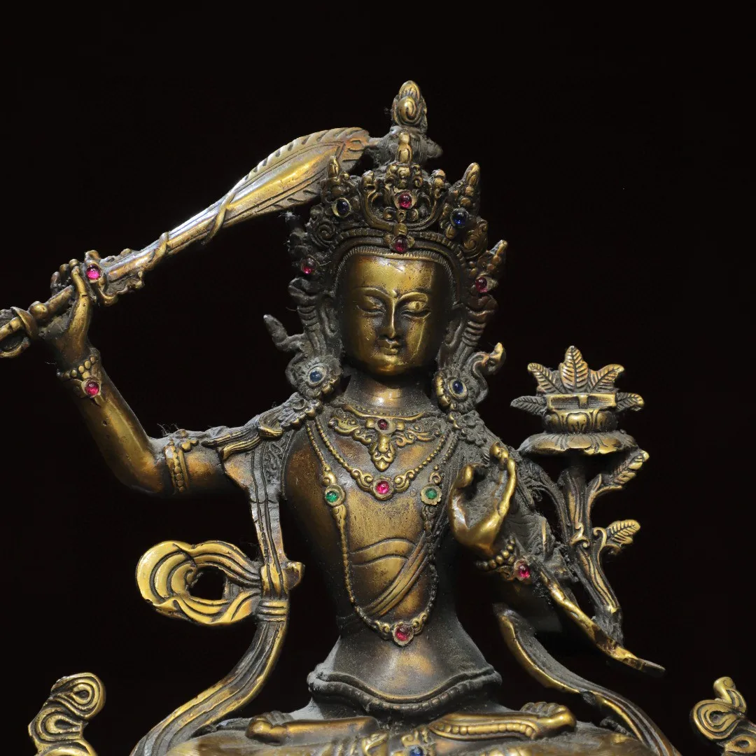 Tibetan old bronze ware Brass inlaid with gemstones Guanyin Bodhisattva Manjushri Tara ornament Home Buddhist Hall Supplies Smal