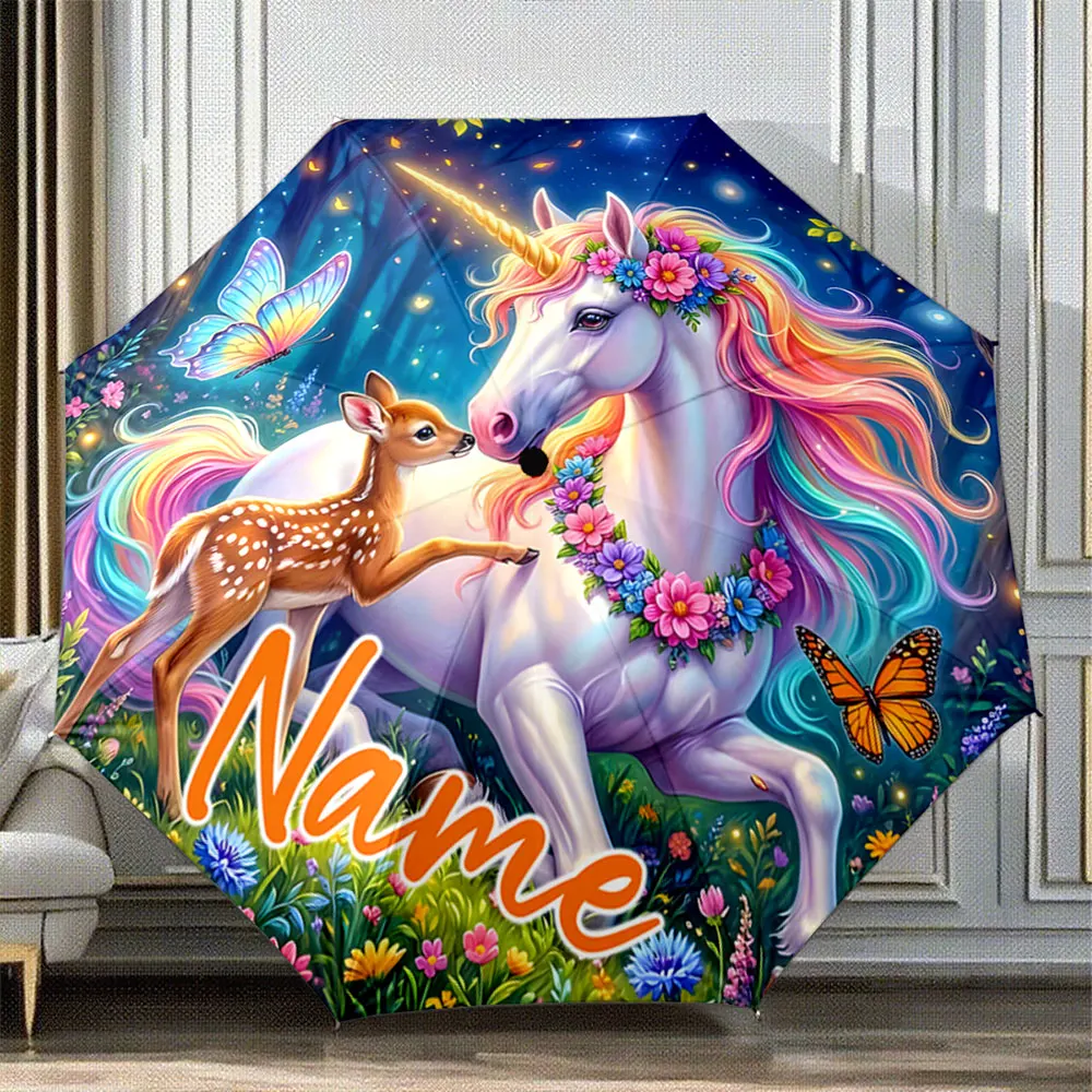 Custom Name Umbrella Unicorn and Fawn with Rainbow Mane in Forest 8 Iron Ribs Folding Umbrella Auto-Open Fashion Sunshade