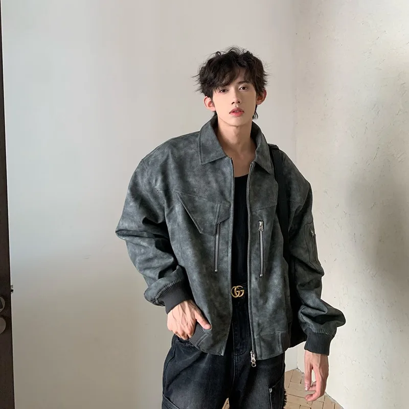 

Fall Winter Large Size American Sle Open Cardigan Men's High-End Patchwork Collar Leather Jaet Cool Street Sle Leather ...