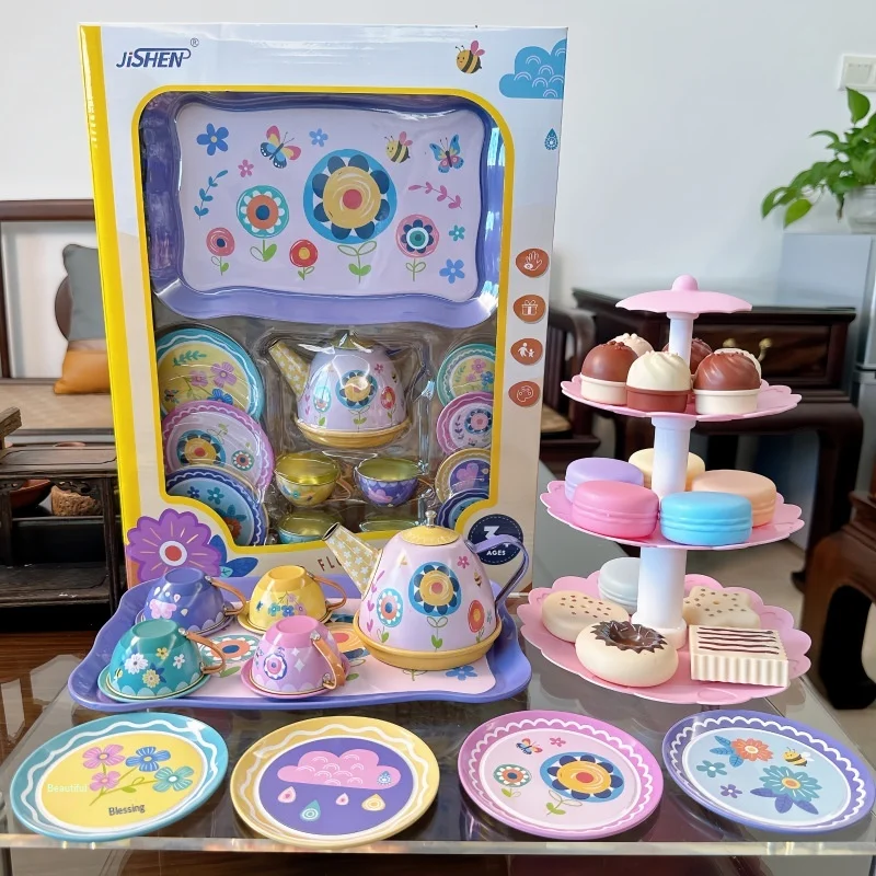 

Tinplate Afternoon Tea Play Set Unicorn Teapot Teacup Dessert Cake Stand Donut Macaron Pretend Play Toy For Baby Home Party