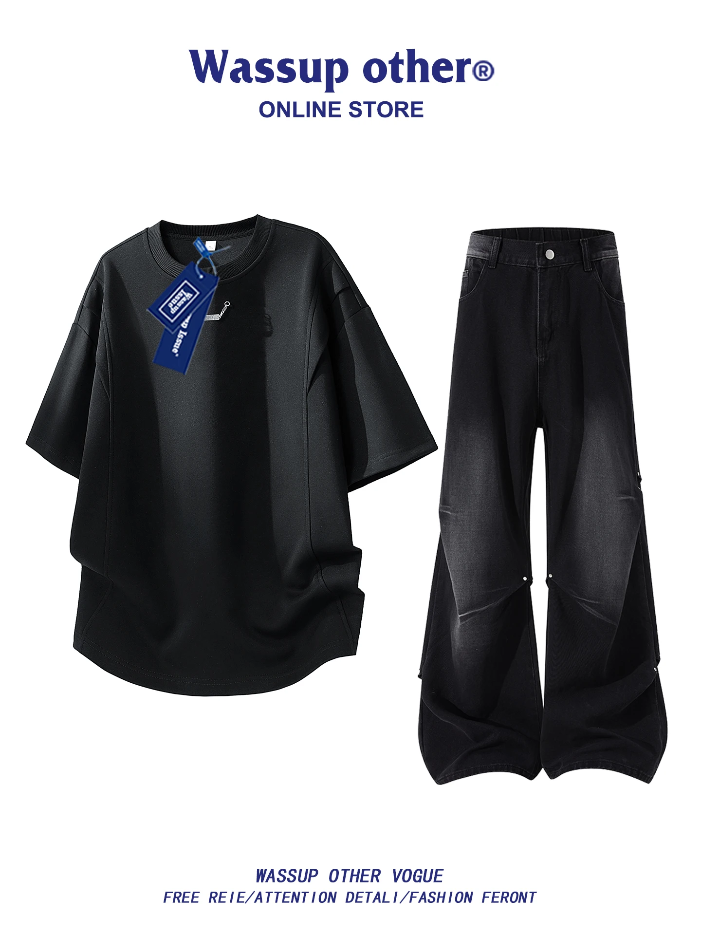 Conjunto Esportivo Masculino de Verão: Camiseta de Manga Curta em Seda Gelada Estilo Americano e Calça Jeans Solta Casual – C...