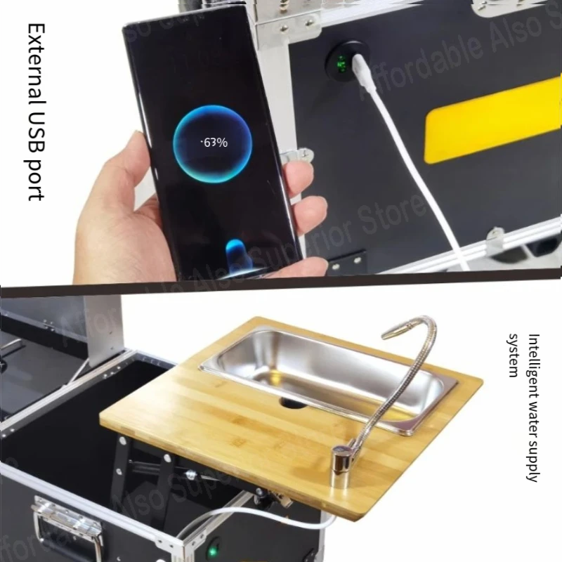 Outdoor mobile kitchen, car mounted multifunctional small kitchen box, camping picnic stove, barbecue folding table with wheels