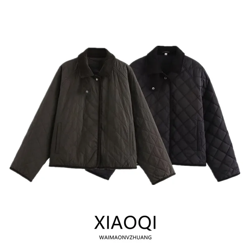 

Winter 2024 Women's Cotton Jaet ort High Collar Diamond Pattern Dual Color Outerwear Long Sve Commute Sle Loose Fit