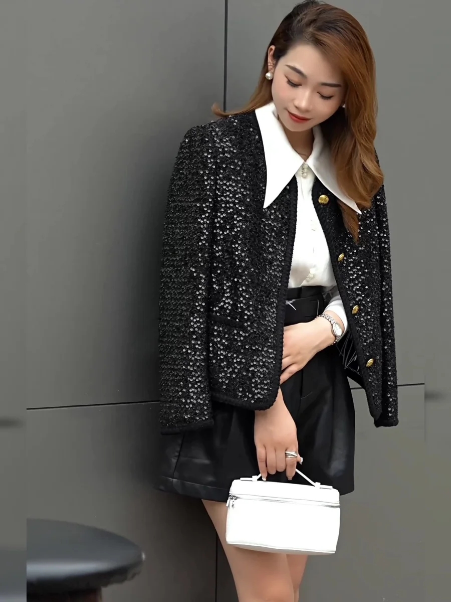 2024 Spring Autumn Korean Style Hot Fashion Women\'s High Quality Sequins Tweed Coat C876