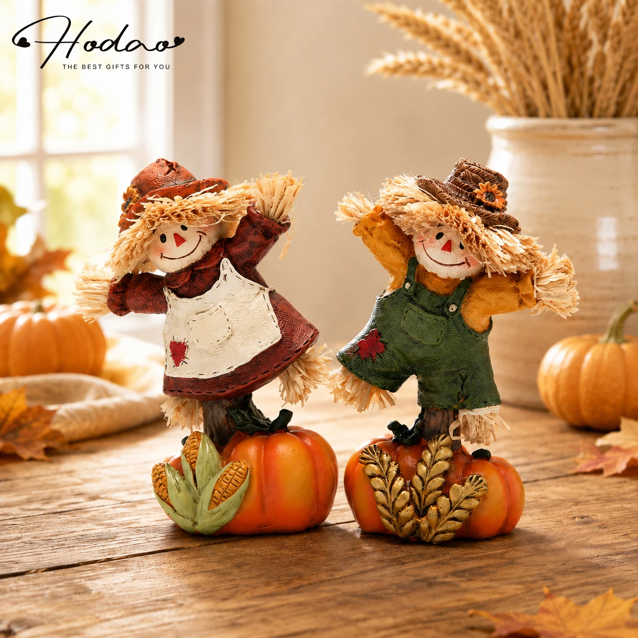 Hodao Set of 2 Fall Harvest Scarecrow Figurines, Resin Thanksgiving Pumpkin Decor, Hand-Painted Dancing Farmer Couple Statue with Cute Sunflower Accents, Fall Collectible Ornament, Seasonal Holiday Gift for Indoor, Patio, and Yard Home Display 3