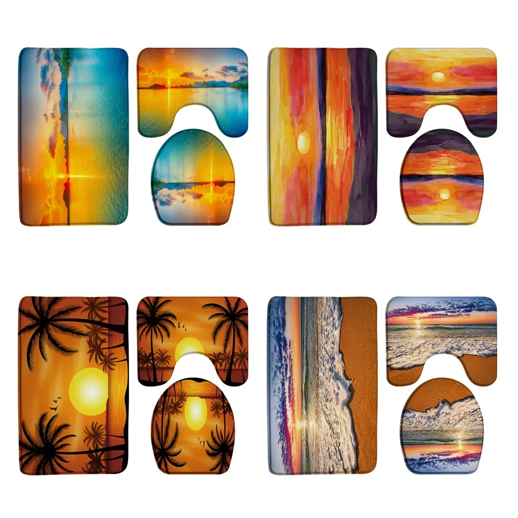 

3Pcs Tropical Ocean Beach Bath Mat Sets Palm Tree Orange Sunset Scenery Sea Bathroom Decor Carpet Non Slip Rug Toilet Seat Cover