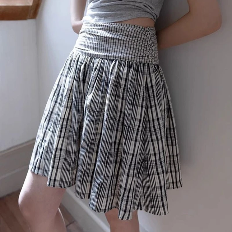 

Puffy Pleated Design Pleated Skirt for Women Summer New Retro Apricot Black Plaid Skirt