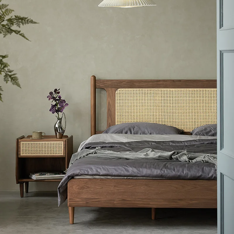 

Modern simple solid wood bed household new Chinese black walnut rattan bed retro homestay double bed small apartment