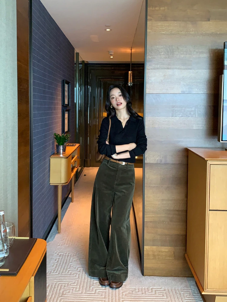 

Pusumede Maple Syrup Latte Lazy High Waist Loose Velvet Pants Women's Wide Leg Straight Casual Long Trousers Cotton Blend Ela...