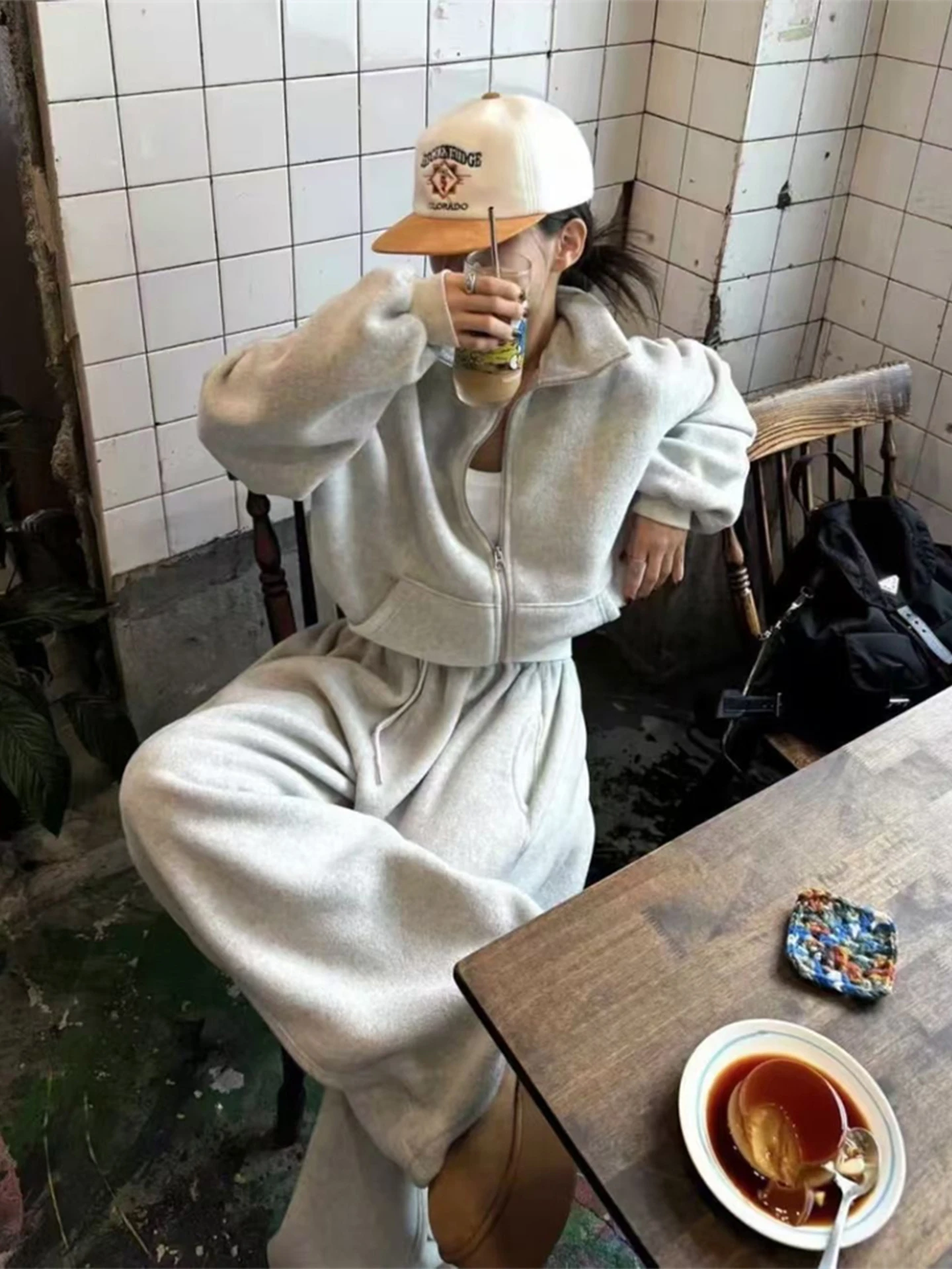 

Faionable ort Zipper Hoodie Jaet And High Waist Casual Pants Women's Set Winter New Arrival Commute Sle Long Sve