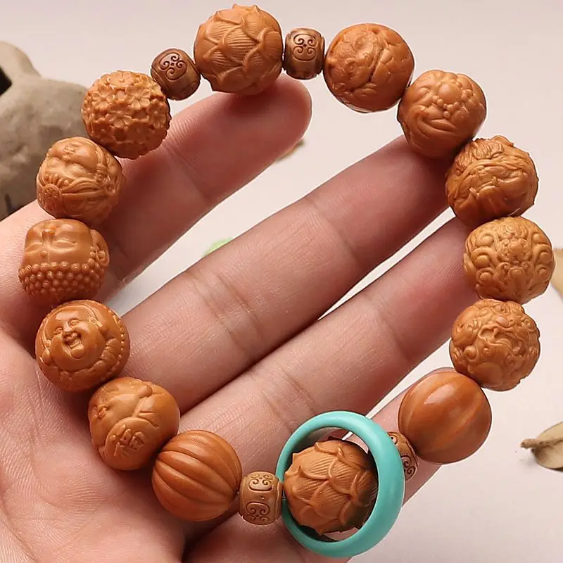 with Duobao Monkey Walnut Collectables-Autograph Carved Back Single Circle Bracelet Peach Pit Hand Toy No Phase