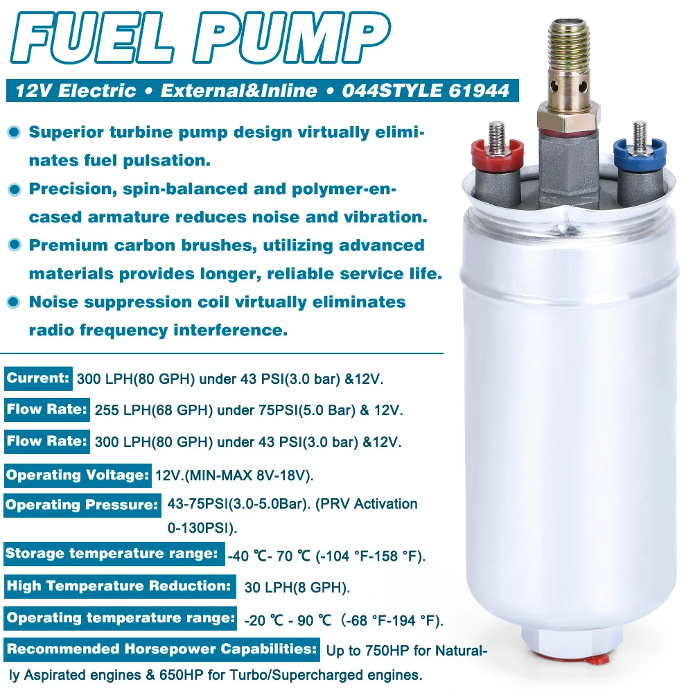 WLR RACING - TOP QUALITY  External Fuel Pump 044  OEM: 0580 254 044 Poulor 300lph come with white pack WLR-FPB044