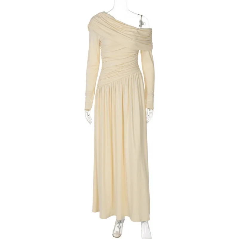 HKSH Frühling Sommer Neue frauen Kleid Asymmetrische Off-schulter Lange Ärmel Plissee Slim Fit Einfarbig Elegante Kleider HK17226