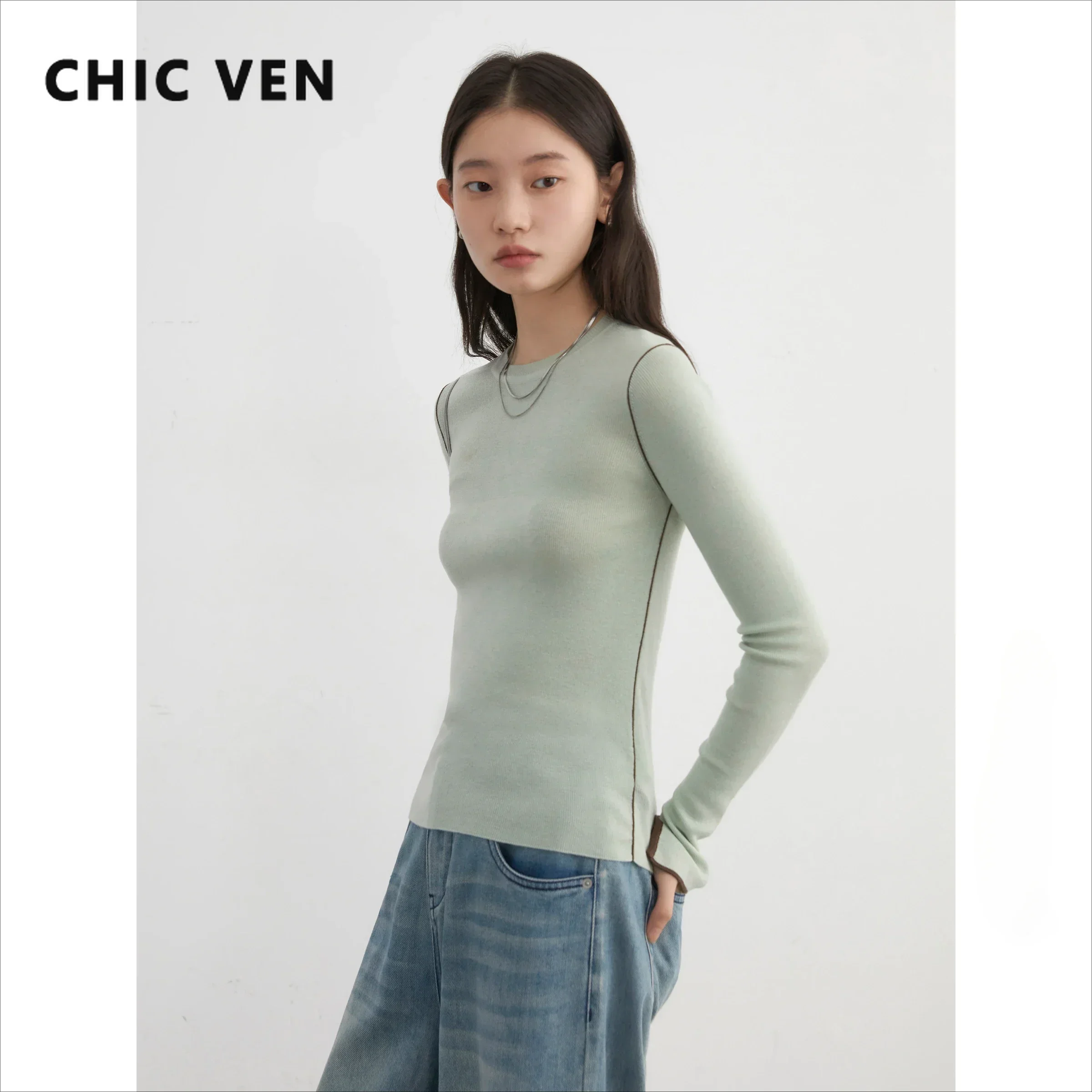 CHIC VEN Women Pullovers Round Neck Long Sleeved Slim Fit Wool Knitted Sweater Basic Female Top Spring Autumn 2024